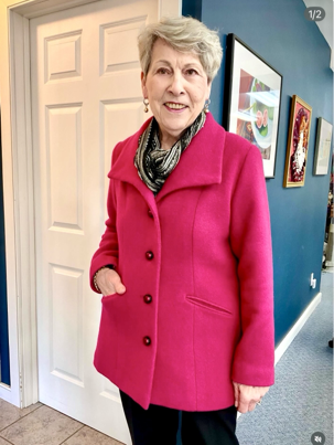 Barbara wearing her wool-lined jacket with welt pockets