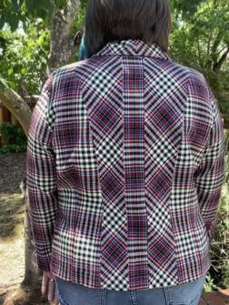Carrie wearing her wool plaid jacket - back view