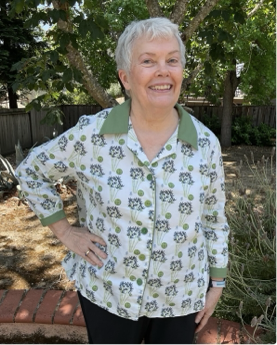 Kathleen wearing bamboo print blouse