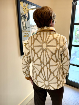 Kathy wearing her fussy-cut decorator fabric jacket - back view