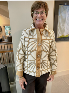 Kathy wearing her fussy-cut decorator fabric jacket - front view