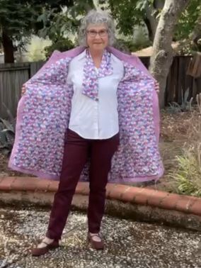 Vicki wearing her lined coat - back view
