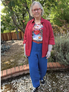 Vicki wearing her Korean linen blouse and pants outfit