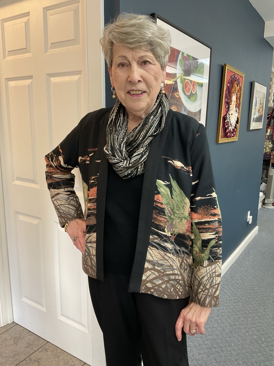 Barbara Stengel wearing her border print jacket