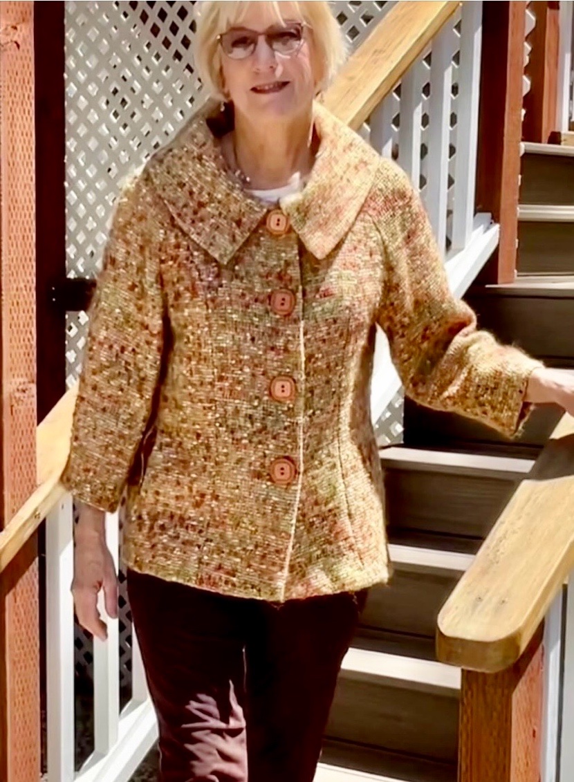 Cathy Tonne wearing her lined batik jacket - front view