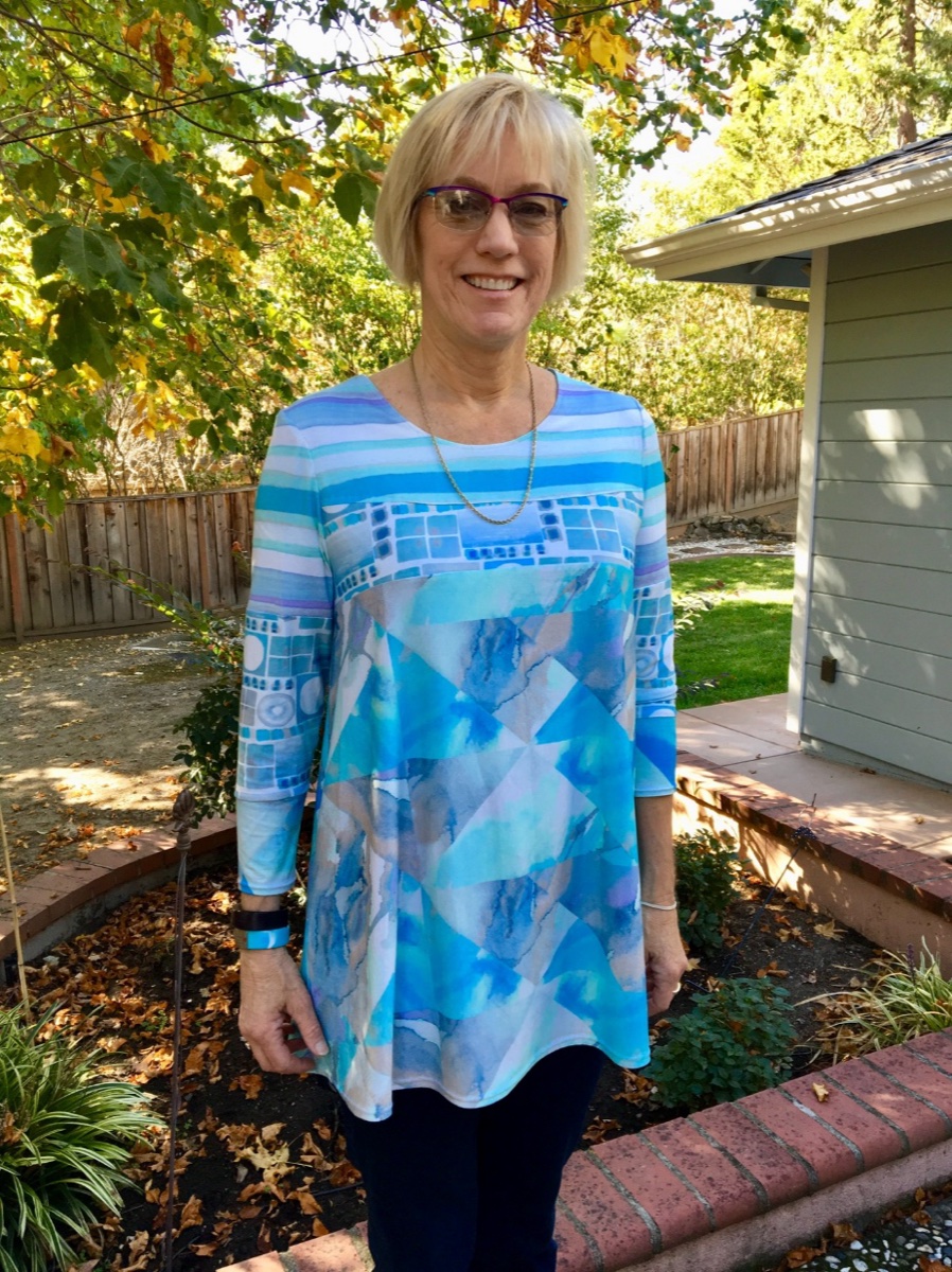 Cathy Tonne wearing her knit print top